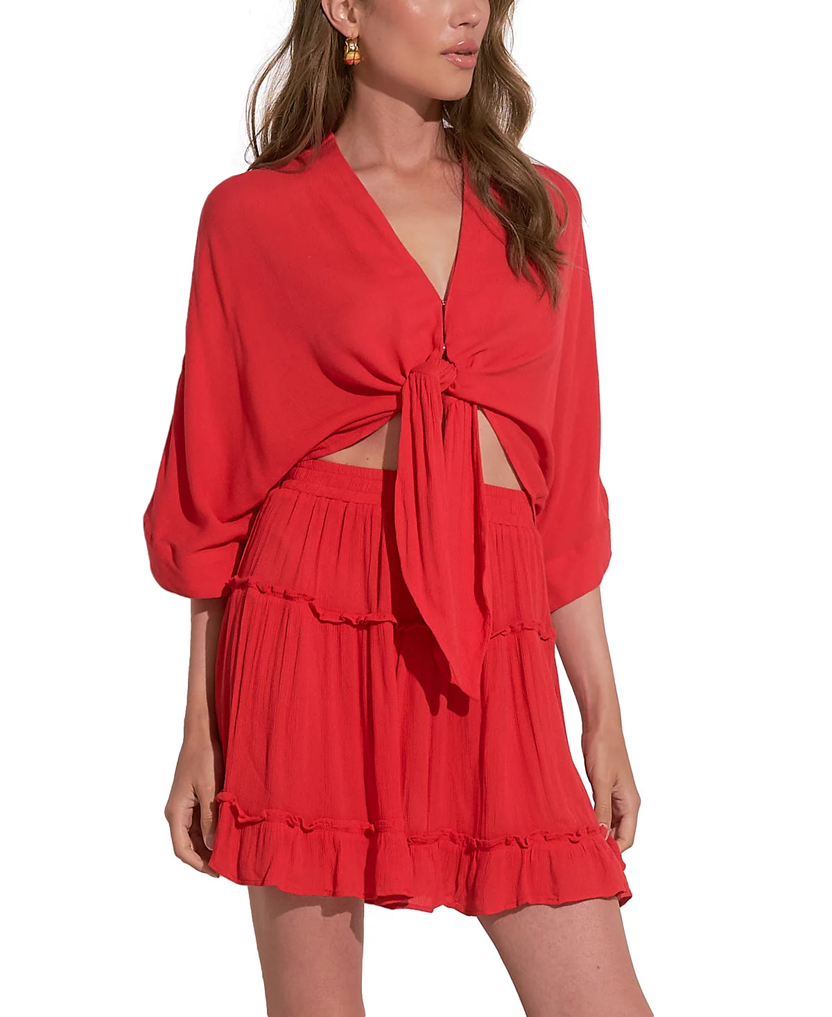 Elan Women's Tie-Front 3/4-Sleeve V-Neck Blouse - Red