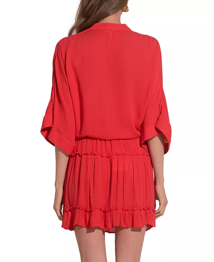 Elan Women's Tie-Front 3/4-Sleeve V-Neck Blouse - Red