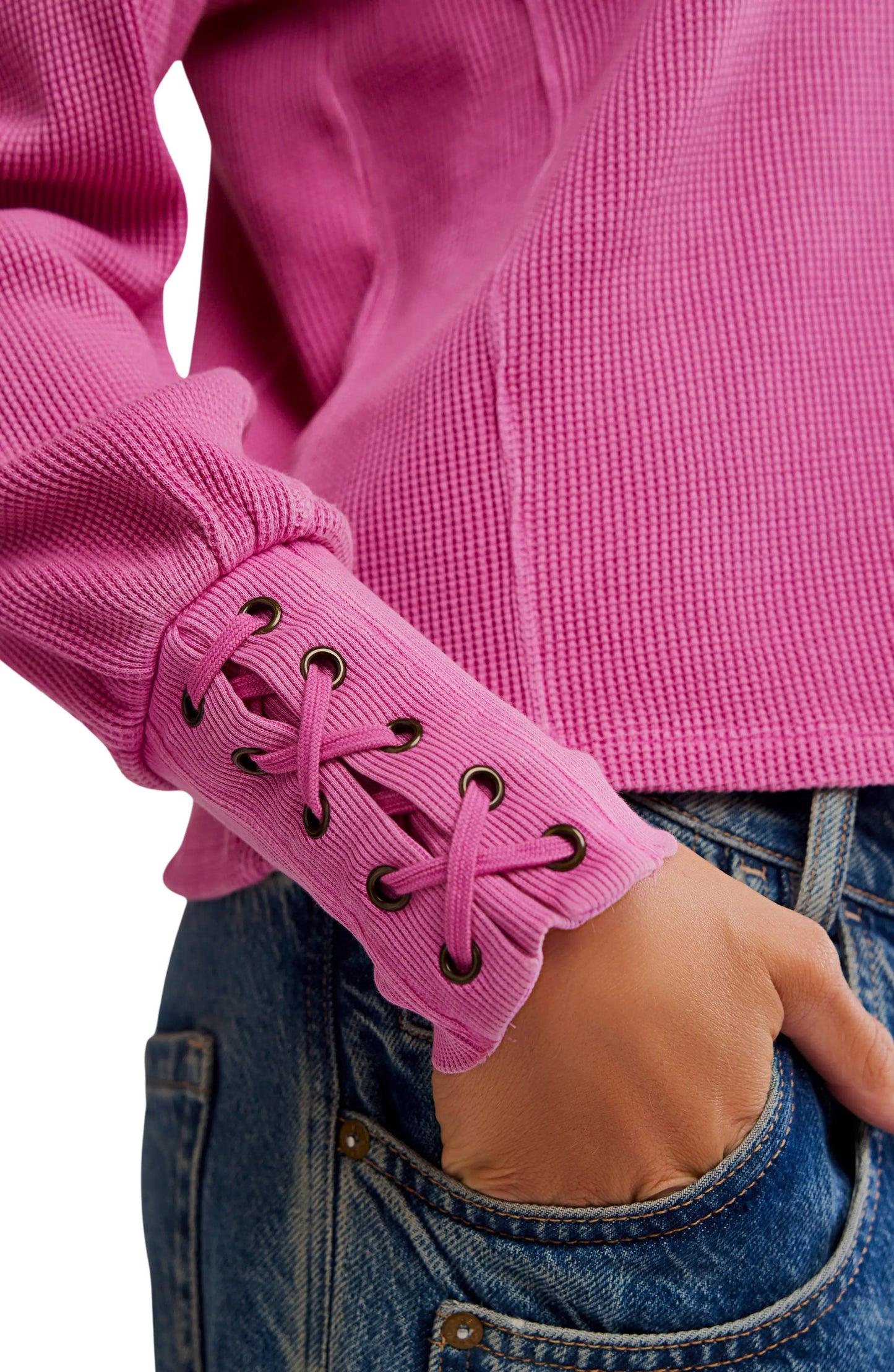 Free People Lapis Lace-Up Cuff Cotton Thermal Top