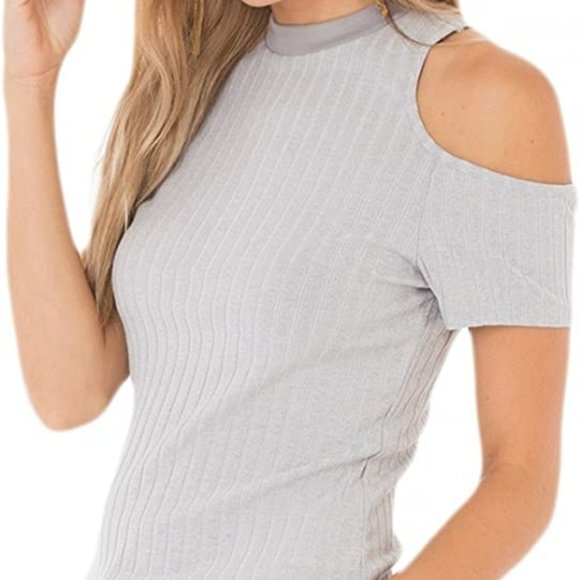 Black Swan Rylan Ribbed Cold Shoulder Top Short Sleeve - Silver