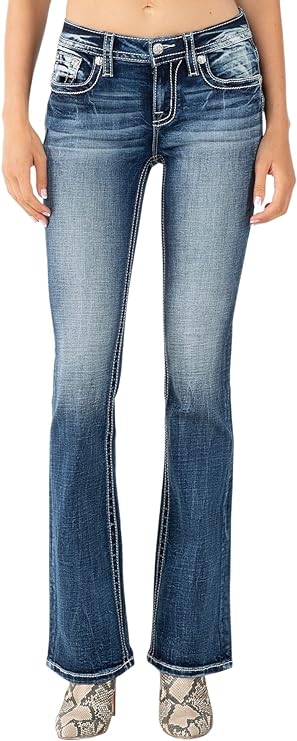 Miss Me Women's Mid Rise Camo Yoke Boot Jeans with Faux Flap Pockets