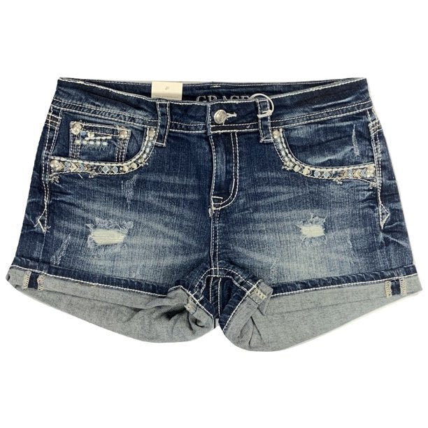Grace in LA Women's Aztec Embellished Embroidered Distressed Denim Jean Shorts