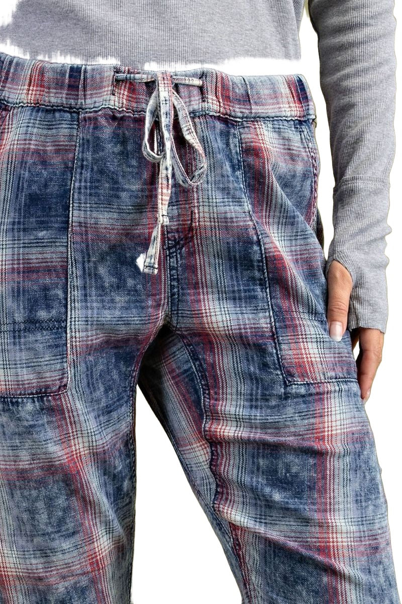Easel Plaid Printed Washed Boyfriend Jean Pants