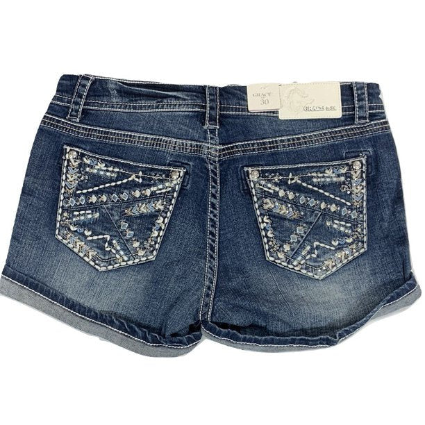 Grace in LA Women's Aztec Embellished Embroidered Distressed Denim Jean Shorts
