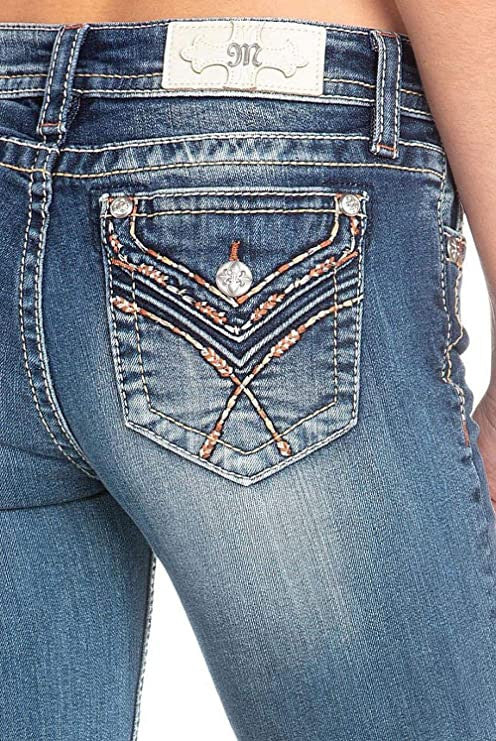Miss Me Women's Orange Embroidery Chloe Boot Jeans with Faux Flap Pockets