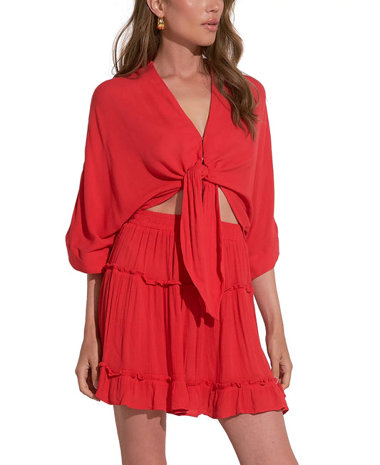 Elan Women's Tie-Front 3/4-Sleeve V-Neck Blouse - Red