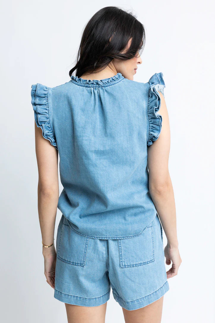 Karlie Denim Ruffle Sleeve Top