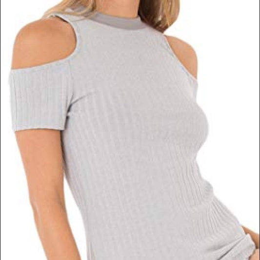 Black Swan Rylan Ribbed Cold Shoulder Top Short Sleeve - Silver