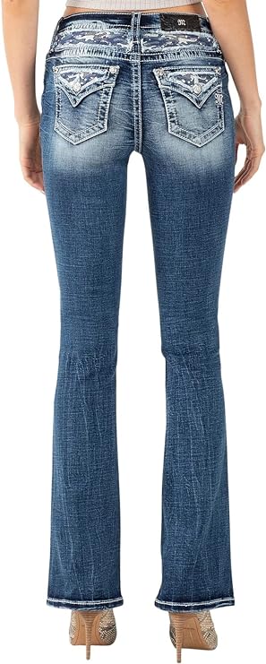 Miss Me Women's Mid Rise Camo Yoke Boot Jeans with Faux Flap Pockets