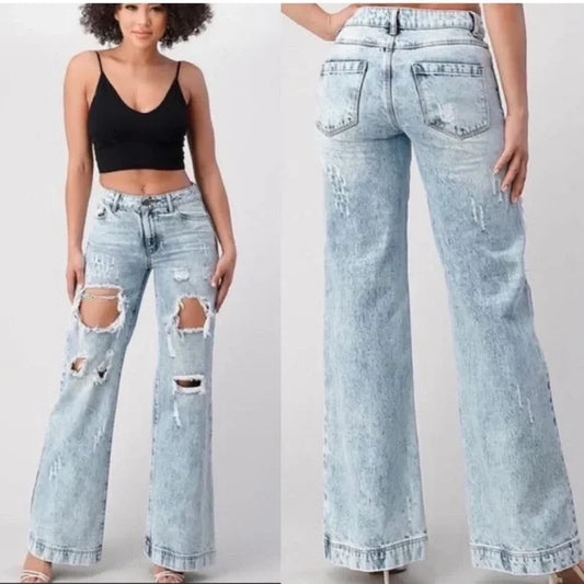 Litz by Uniq Rocker Distressed Wide Leg Boyfriend Acid Wash Jeans