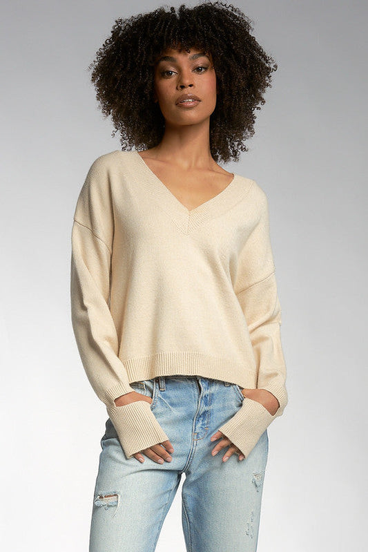 Elan Sweater V Neck Slit Women's Sweater in Oatmeal