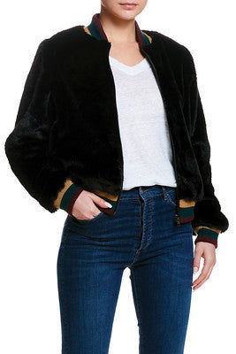 Elan Varsity Stripe Fur Bomber Jacket - Black