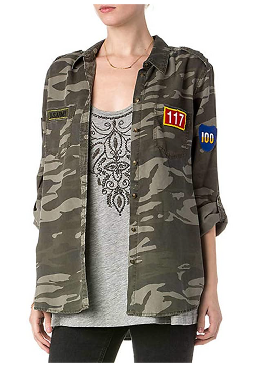 Miss Me Patch Camo Print Blouse
