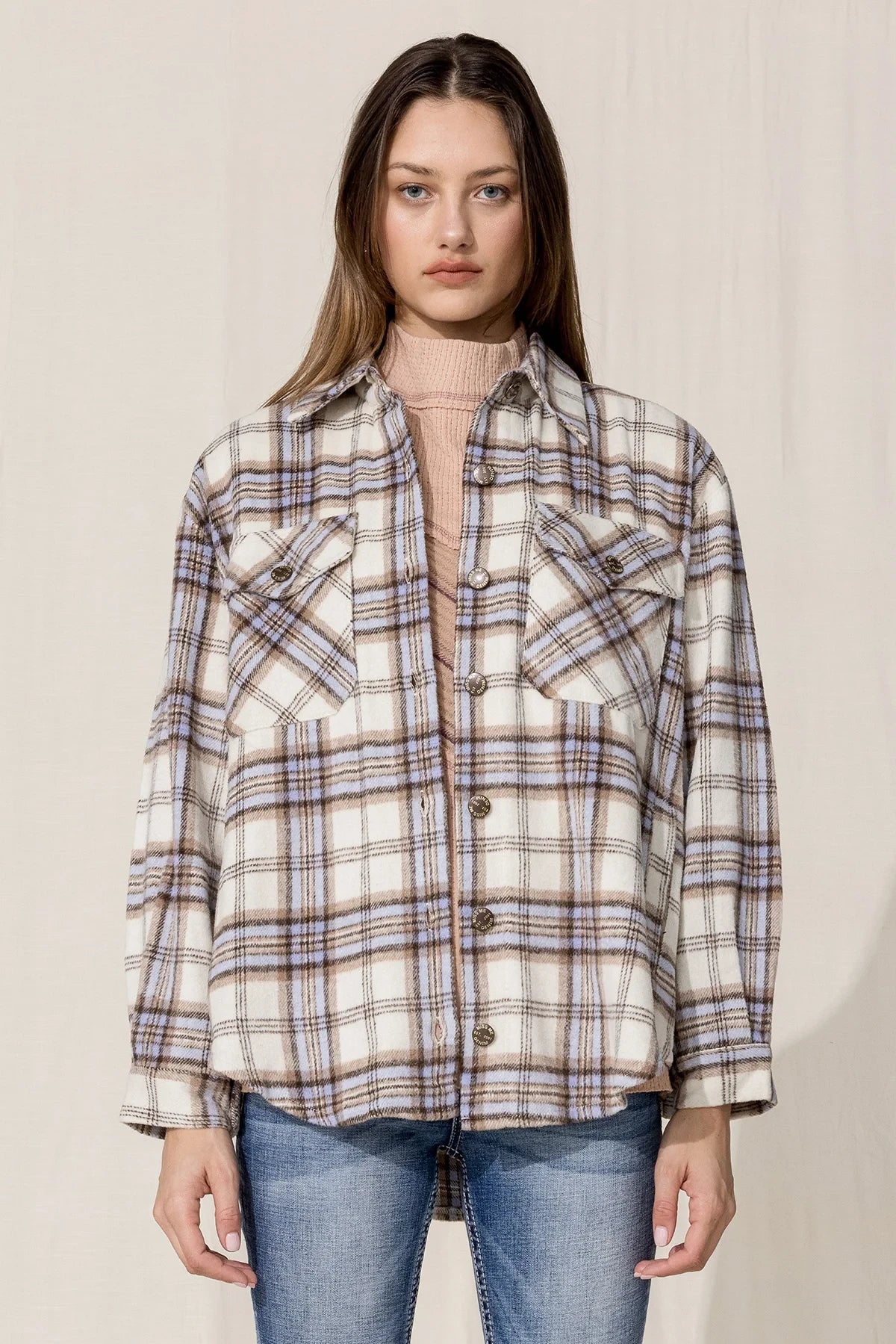 Miss Me Button Up Shirt Jacket - Multi Ivory
