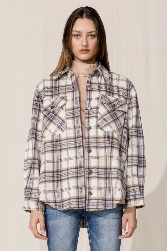 Miss Me Button Up Shirt Jacket - Multi Ivory