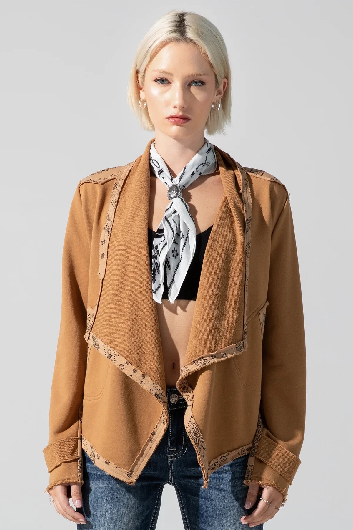 Miss Me French Terry Paisley Jacket - Camel Brown