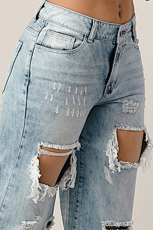 Litz by Uniq Rocker Distressed Wide Leg Boyfriend Acid Wash Jeans
