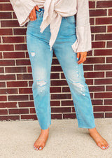 Elan Distressed High Waisted Boyfriend Ankle Cuffed Jeans