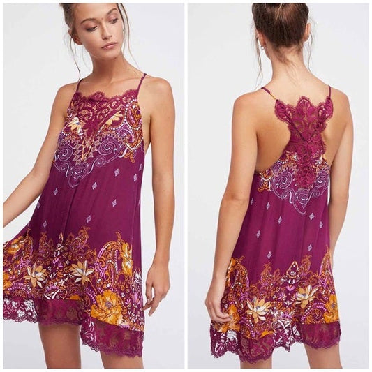 Free People Women's Who's Sorry Now Printed Slip Dress Wine