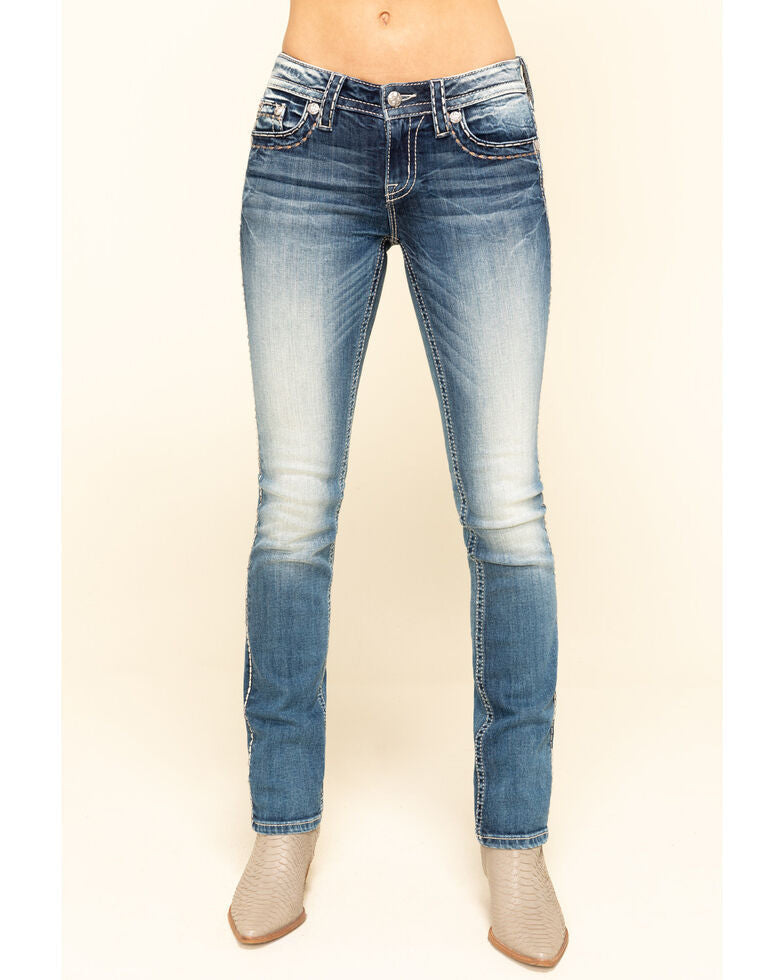 Miss Me Women's 2-Tone Heavy Border Stitch Basic Flap Bootcut Jeans Blue