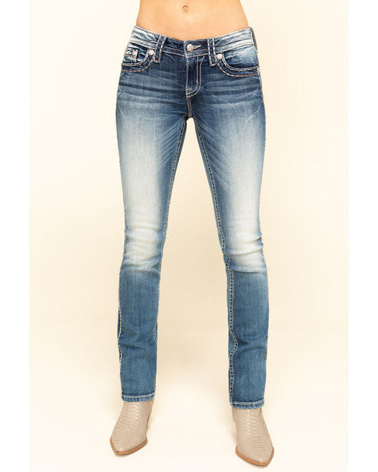 Miss Me Women's 2-Tone Heavy Border Stitch Basic Flap Bootcut Jeans Blue