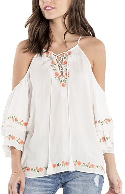Miss Me MMT0058L Off White Open Shoulder Floral Embroidered Top