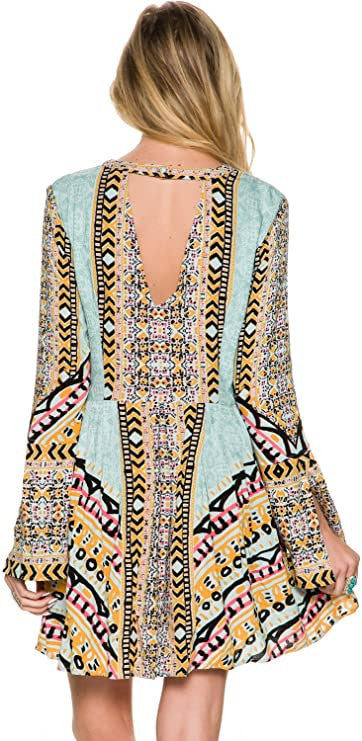 Free People New Women's Tegan Border Printed Mini Dress V-Neck Rayon Blue