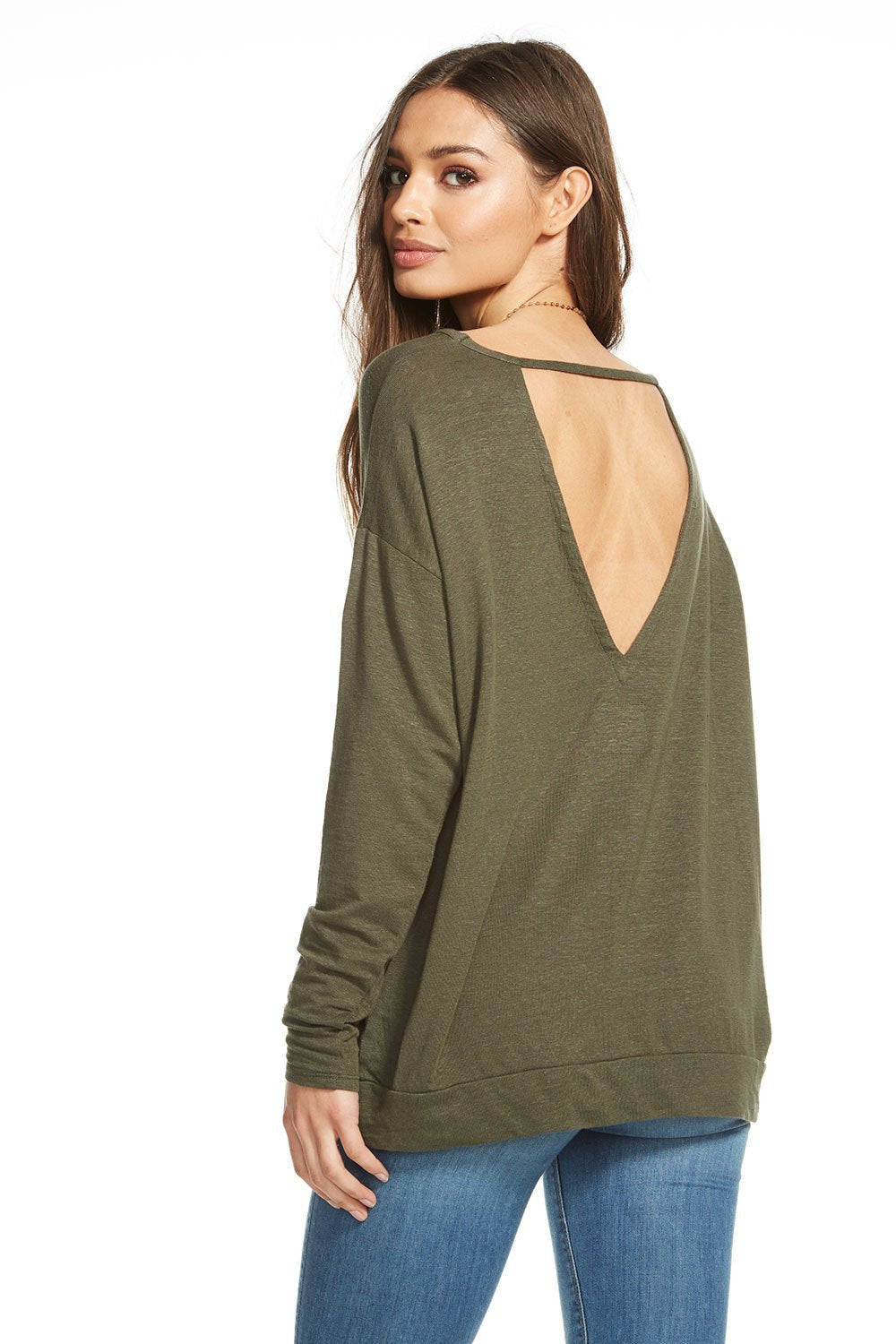 Chaser Linen Jersey Cut Out V-Back Dolman Women's Pullover Top