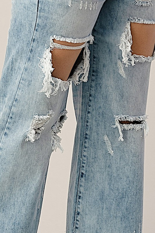 Litz by Uniq Rocker Distressed Wide Leg Boyfriend Acid Wash Jeans