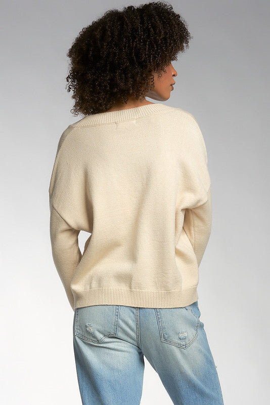 Elan Sweater V Neck Slit Women's Sweater in Oatmeal