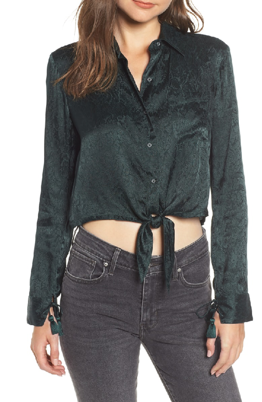 Hudson Jeans Embroidered Button Tie Women's Blouse - Forrester Green