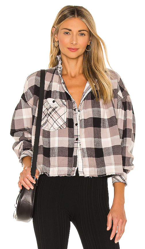 Free People Emily Plaid Crop Snap Front Shirt In Grey Combo