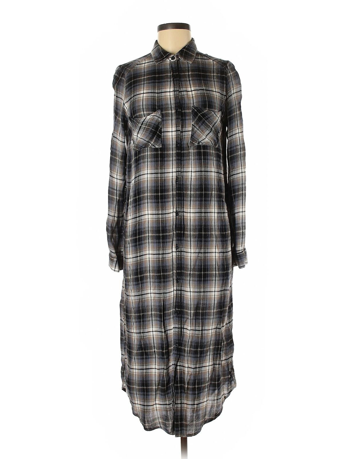 Elan Midi L/S Brown Plaid Button Up Women's Dress