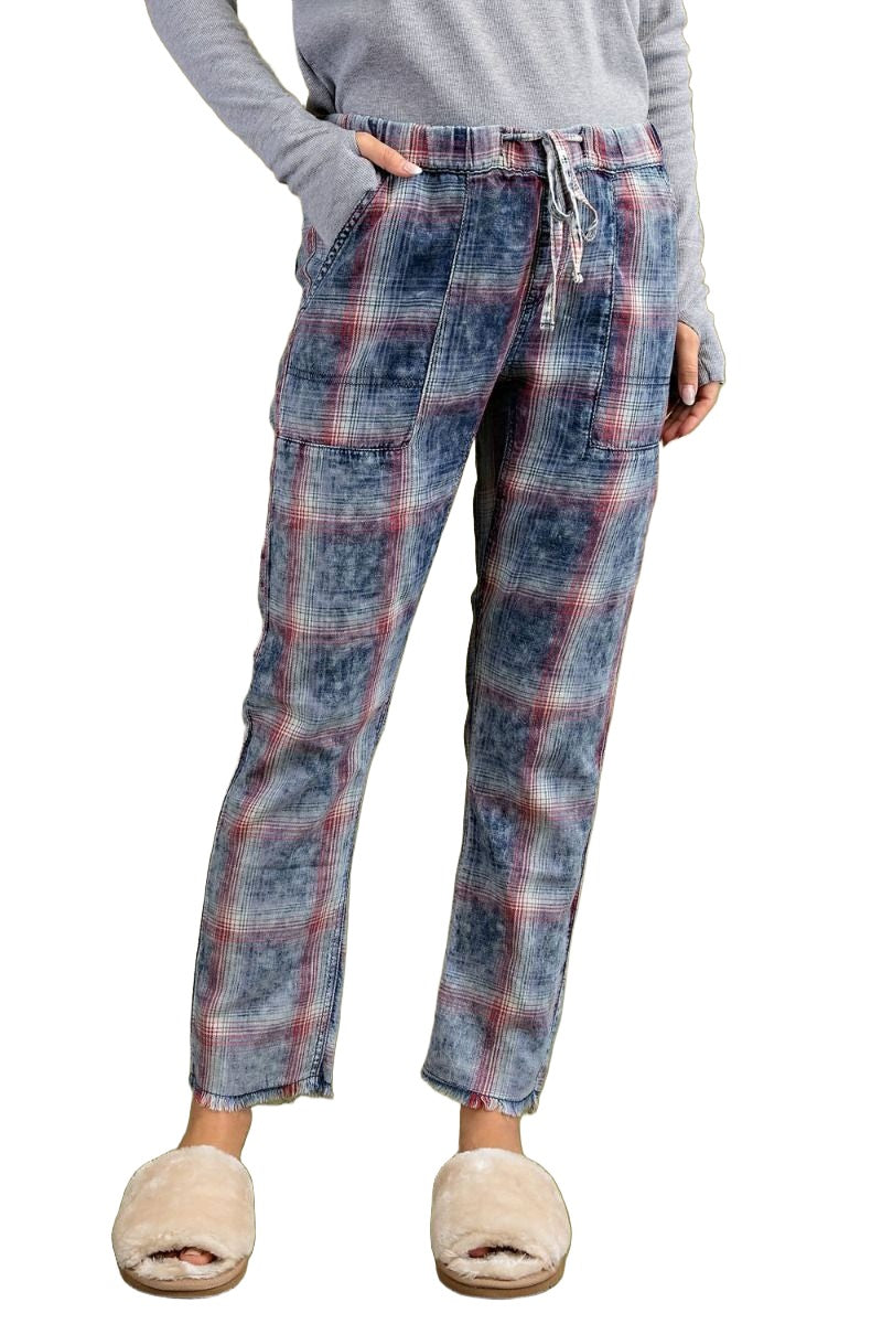 Easel Plaid Printed Washed Boyfriend Jean Pants