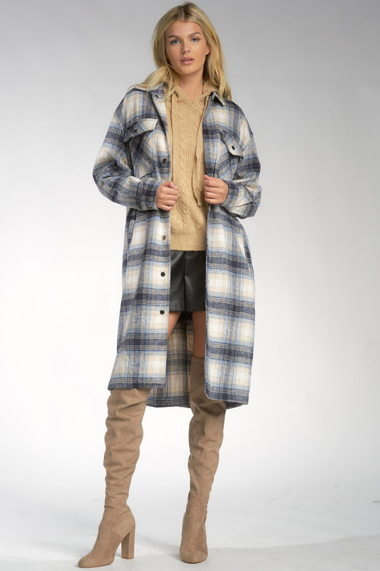 Elan Blue Plaid Long Women's Jacket (Shacket)