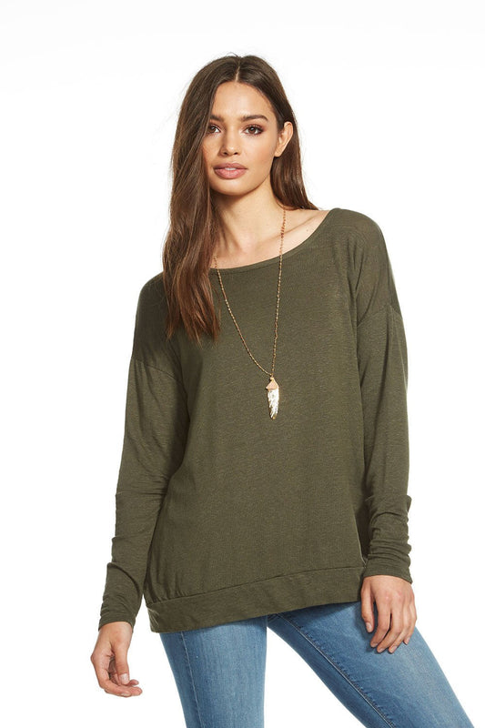 Chaser Linen Jersey Cut Out V-Back Dolman Women's Pullover Top