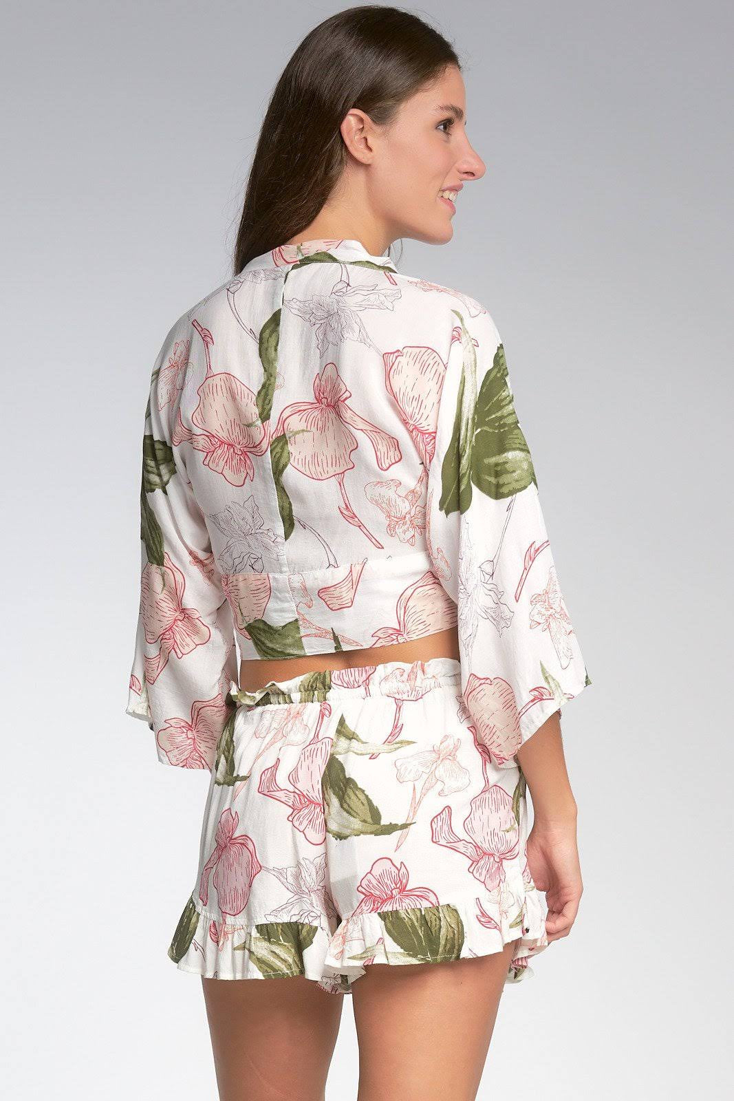 Elan Floral Tie Front Bell Sleeve Flower Top