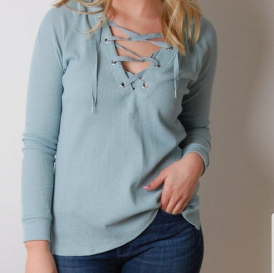 Z Supply Cropped Lace Up Hoodie Waffle Blue Smoke