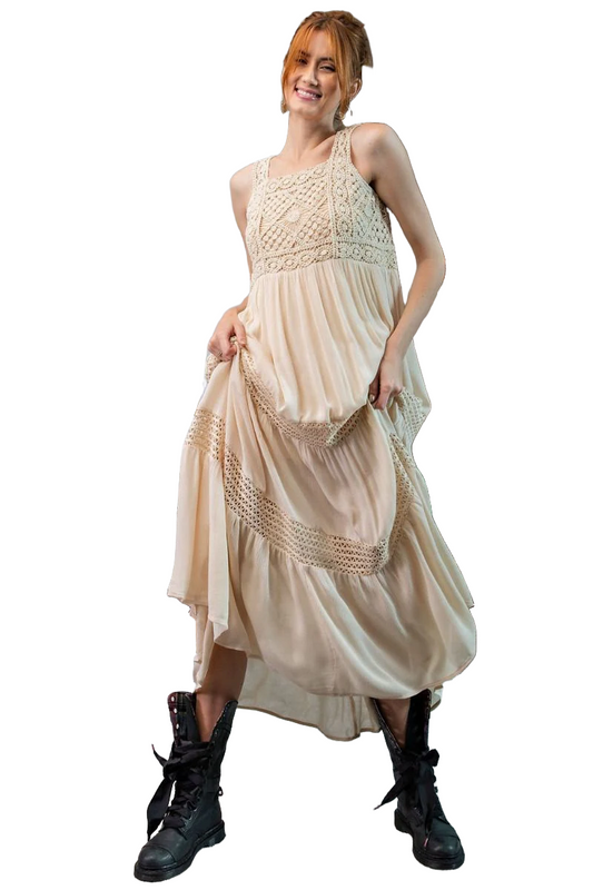 Easel Crochet Detailed Ruffle Maxi Dress - Natural