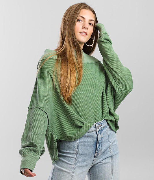 Free People Close To You Cotton Waffle Knit Top In Cool Moss