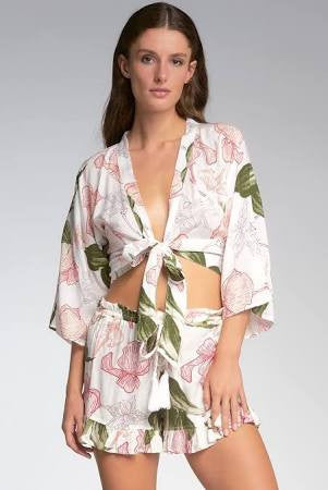 Elan Floral Tie Front Bell Sleeve Flower Top