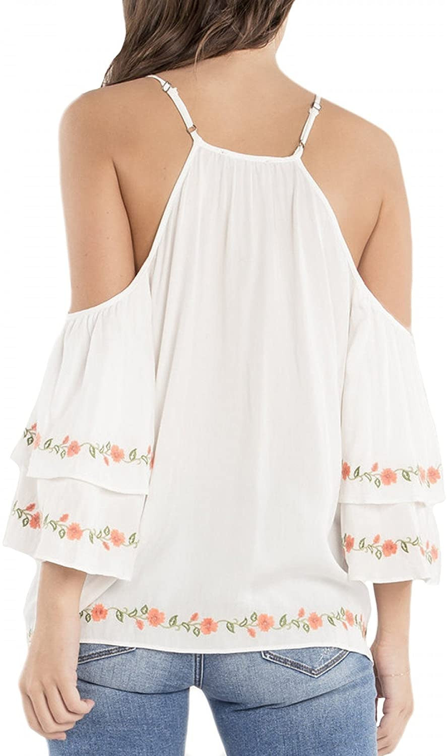 Miss Me MMT0058L Off White Open Shoulder Floral Embroidered Top