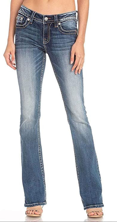 Miss Me Women's Orange Embroidery Chloe Boot Jeans with Faux Flap Pockets