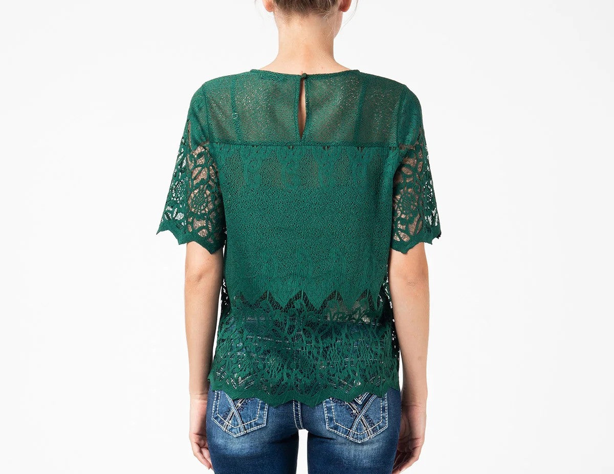 Miss Me Lace Short Sleeve Top Hunter Green