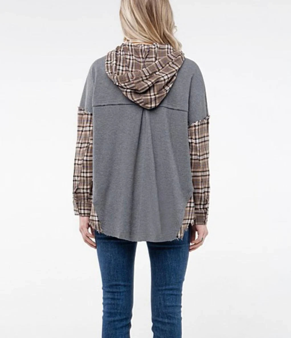 Miss Me Women's Waffle Knit Button Down Hooded Grey & Plaid Top