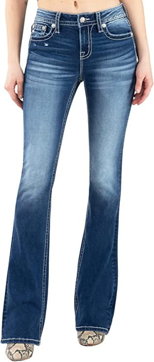 Miss Me Women's Mid Rise Blue Stitched Good Vibrations Boot Cut Jeans