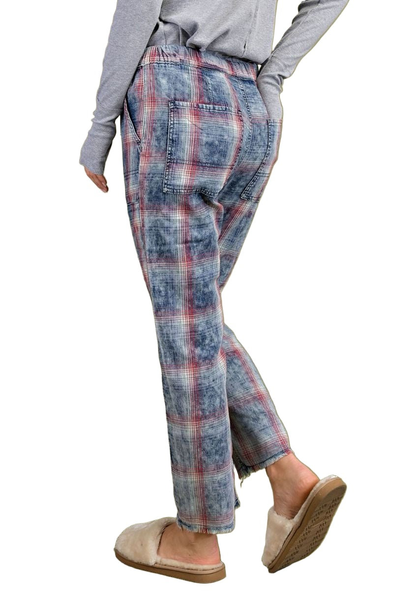 Easel Plaid Printed Washed Boyfriend Jean Pants