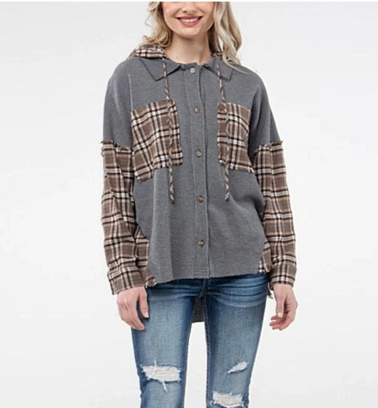 Miss Me Women's Waffle Knit Button Down Hooded Grey & Plaid Top