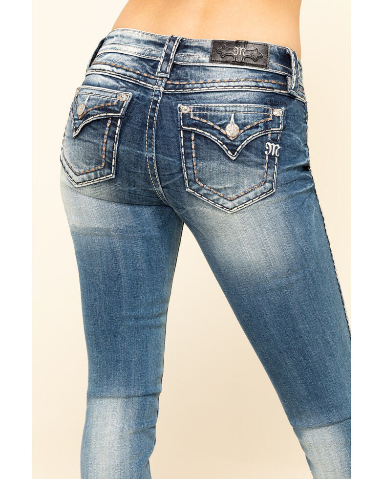 Miss Me Women's 2-Tone Heavy Border Stitch Basic Flap Bootcut Jeans Blue