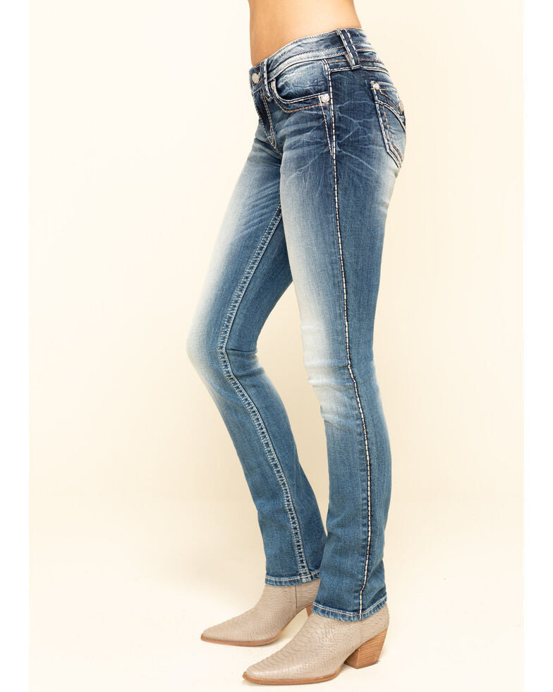 Miss Me Women's 2-Tone Heavy Border Stitch Basic Flap Bootcut Jeans Blue